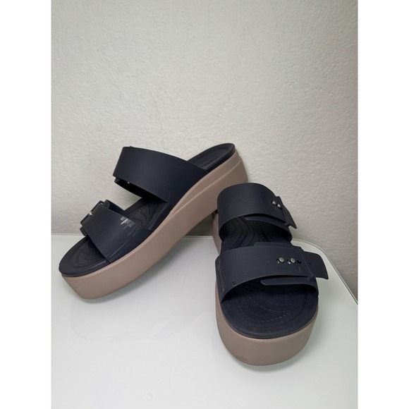 Crocs Brooklyn Buckle Wedge Platform Sandal Deep Navy Tan Women's 9  (scuffs) - Picture 1 of 16